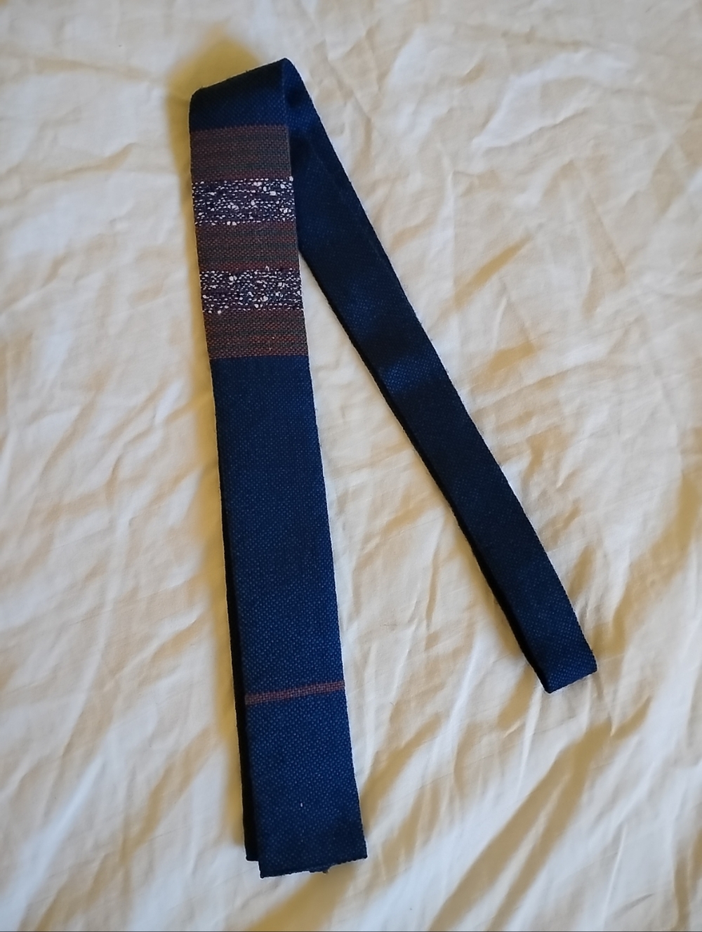 Tewa Weavers Indian Native American Tie Blue 80s Skinny Thin Wool Vintage Woven